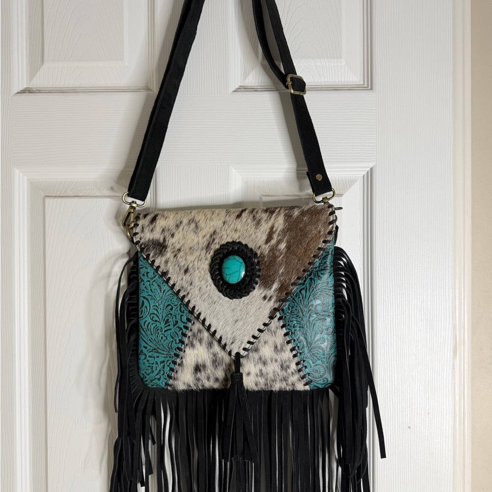 Turquoise Accent Cowhide Tooled Fringe Crossbody Bag - Picture 3 of 9
